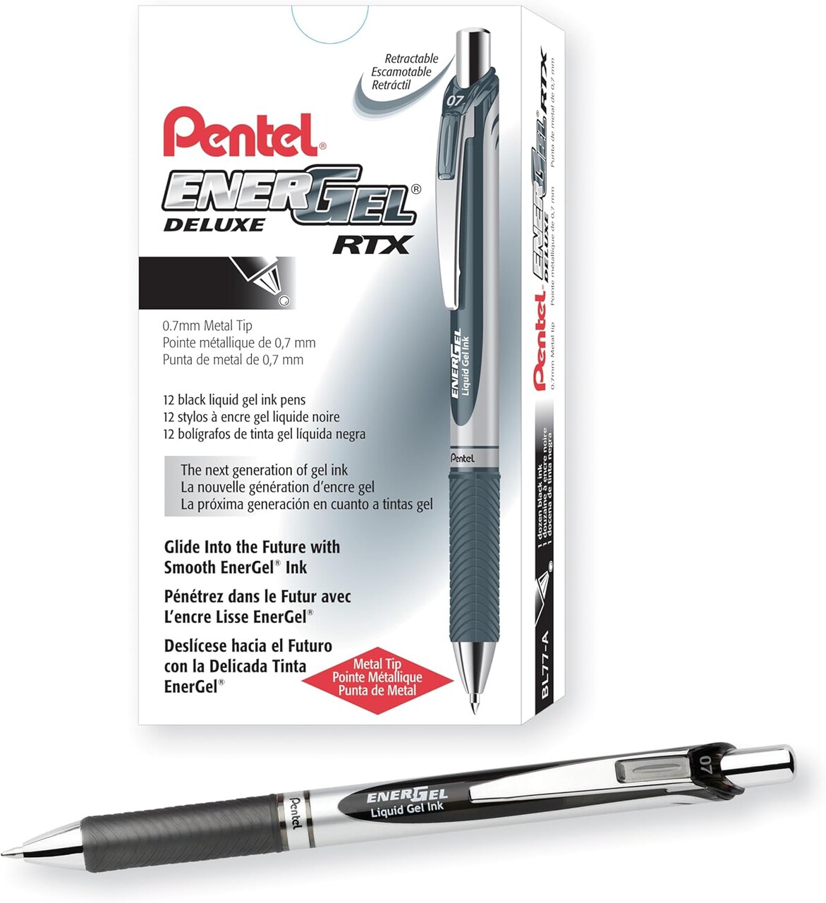 Retractable Liquid Gel Pens, Medium Point, 0.7 mm, Silver Barrel, 12 Black Ink pens, the Ultimate writing pens, the Best Writing Pens for office, school and journaling, Pack of 12